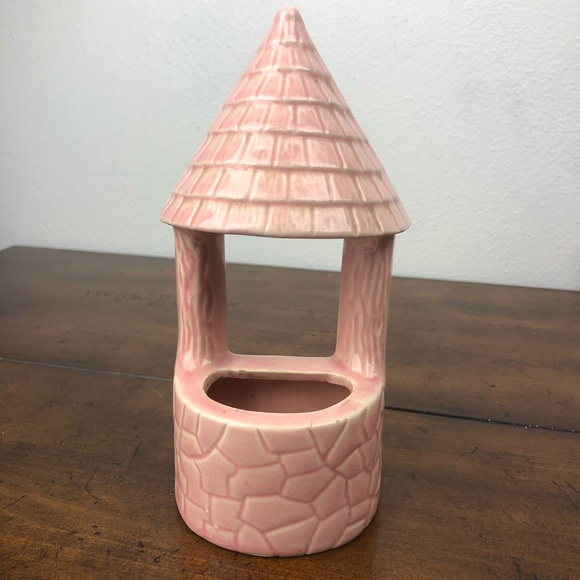 Vintage Ceramic Pottery Wall Pocket Planter Pink Wishing Well